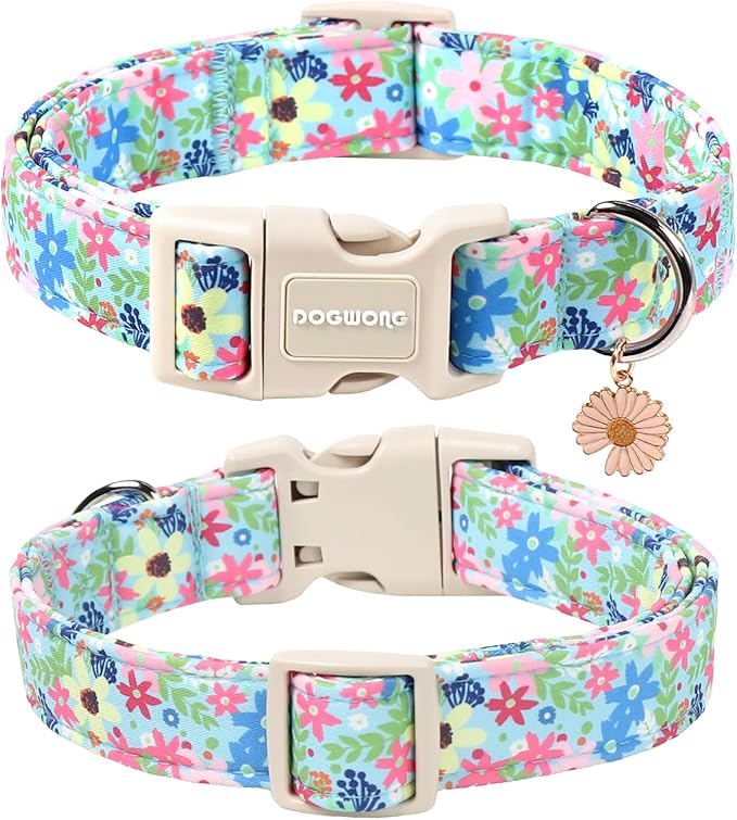DOGWONG Cute Flower Printed Collar for Small Medium Large Dogs - Blue Floral Dog Collar for Girl Female Boy Dogs,XS