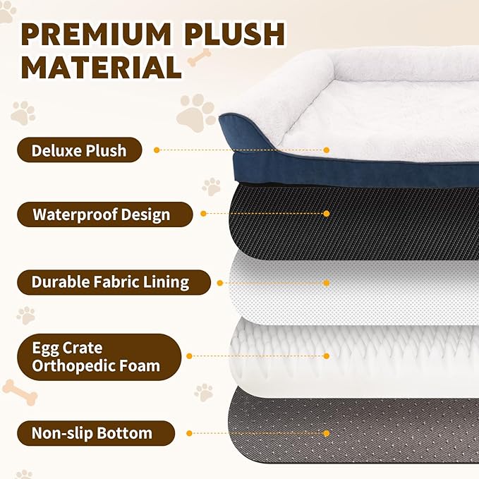 Orthopedic Dog Bed for Medium and Large Dogs Pet Bed with Sides Waterproof Dog Couch with Washable Removable Cover and Egg Crate Foam Pet Sleeping Mat with Anti-Slip Bottom