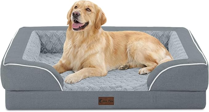 Casa Paw Orthopedic Dog Beds for Large Sized Dogs, Waterproof Memory Foam Large Pet Bed with Sides 36x27Inch, Non-Slip and Egg-Crate Foam Big Dog Couch Bed with Removable Washable Cover, Grey