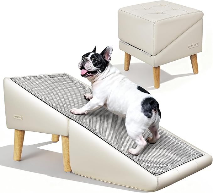 Dog Stairs for Small Dogs and Cats 16" H - with Encrypted Dot-Grip Non-Slip Surface, 2-in-1 Pet Ramp & Steps for Bed/Couch, Foldable Split Ottoman with Solid Wood Frame, Sturdy & Portable for Puppies