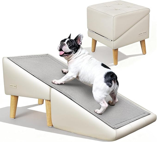 Dog Stairs for Small Dogs and Cats 16" H - with Encrypted Dot-Grip Non-Slip Surface, 2-in-1 Pet Ramp & Steps for Bed/Couch, Foldable Split Ottoman with Solid Wood Frame, Sturdy & Portable for Puppies