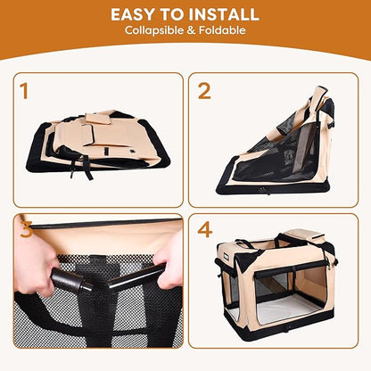 JESPET Soft Dog Crates Kennel for Pets, 3 Door Soft Sided Folding Travel Pet Carrier with Straps and Fleece Mat for Dogs, Cats (Camel, X-Large(36" L x 24" W x 27" H))
