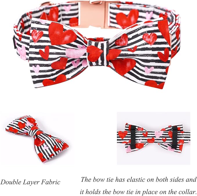 Lionet Paws Valentines Dog Collar with Bowtie, Dog Bowtie Collar with Metal Buckle for Dogs, Adjustable Comfortable Dogs Collars Girl Boy Hearts, S, Neck 10-16 in