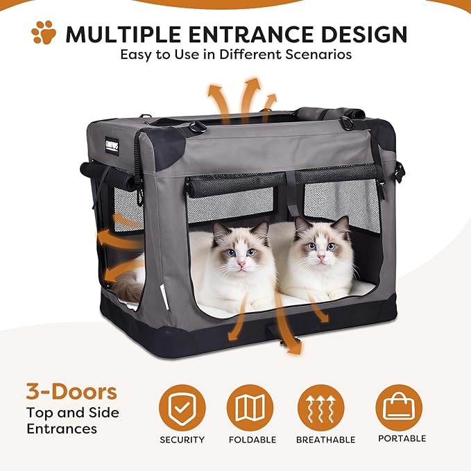 JESPET Soft Cat Crates Kennel, 3 Door Soft Sided Folding Travel Pet Carrier with Straps and Fleece Mat for Dogs, Cats(Dark Grey, Medium(27" L x 20" W x 20" H))