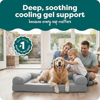FurHaven Cooling Gel Dog Bed for Large Dogs, L-Shaped Chaise with Cool Gel-Top Foam with a Solid Orthopedic Foam Base for Joint Support, Removable Washable Cover, Jumbo XL, Plush & Suede, Stone Gray