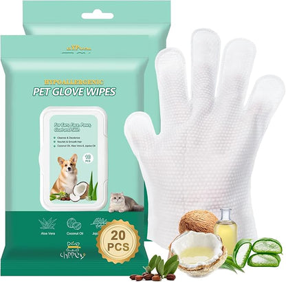 CHPPEY 20 PCS Pet Cleaning and Deodorizing Bathing Grooming Glove Wipes for Dogs and Cats, Extra Thick Nourish Fur No-Rinse Grooming Wipes for Daily Care and Travel, Hypoallergenic