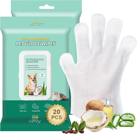 CHPPEY 20 PCS Pet Cleaning and Deodorizing Bathing Grooming Glove Wipes for Dogs and Cats, Extra Thick Nourish Fur No-Rinse Grooming Wipes for Daily Care and Travel, Hypoallergenic