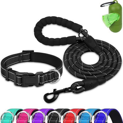 Dynmeow Reflective Dog Collar and Leash Set, 6FT Strong Climbing Rope Leash with Padded Handle, Adjustable Pet Collar with Soft Neoprene Padding for Large Dogs, Black, L