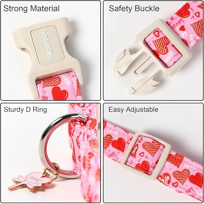 DOGWONG Valentine's Dog Collar - Pink Heart Adjustable Cotton Heart Dog Collar - Cute Dog Collars Perfect for Medium, Large Dogs