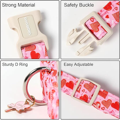 DOGWONG Valentine's Dog Collar - Pink Heart Adjustable Cotton Heart Dog Collar - Cute Dog Collars Perfect for Medium, Large Dogs