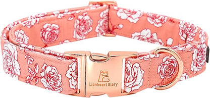 Lionheart glory Valentine's Day Collar, Pink Roses Print Dog Collar for Large Cute Dog Collars Spring Female Pet Gift Adjustable Heavy-Duty Dog Collar Holiday