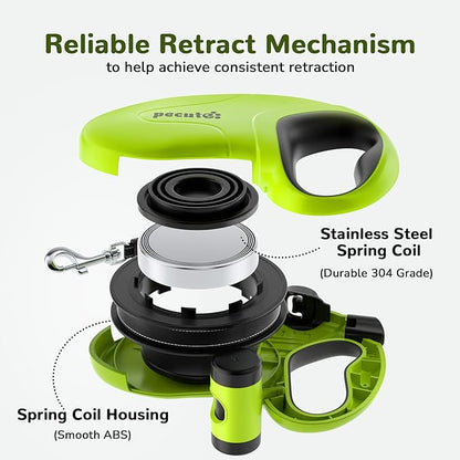 Pecute 32ft Retractable Dog Leash with Reflective Strips, 360° Tangle-Free, One-Button Control & Sturdiness Nylon Material, Long Leash Retractable with Poop Bag Holder for Medium Large Dog