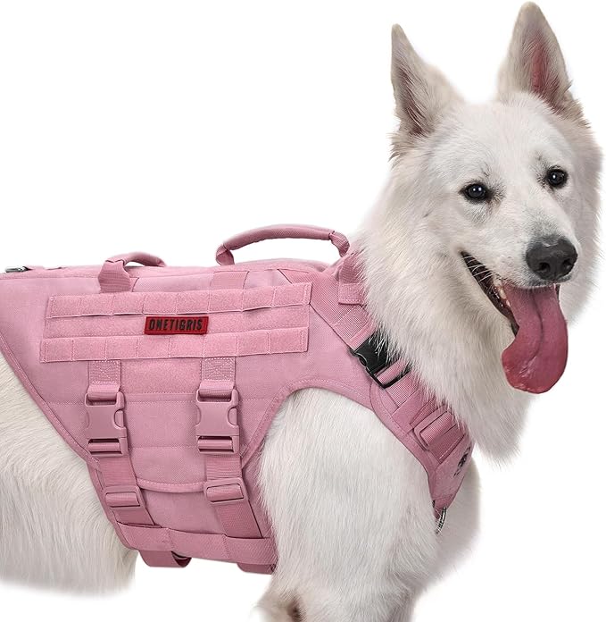 OneTigris Large Tactical Dog Harness, No Pulling Adjustable Dog Vest Harness, Heavy Duty Dog Harness with Handle, Large Hook and Loop Panels for Patch(Pink,M)