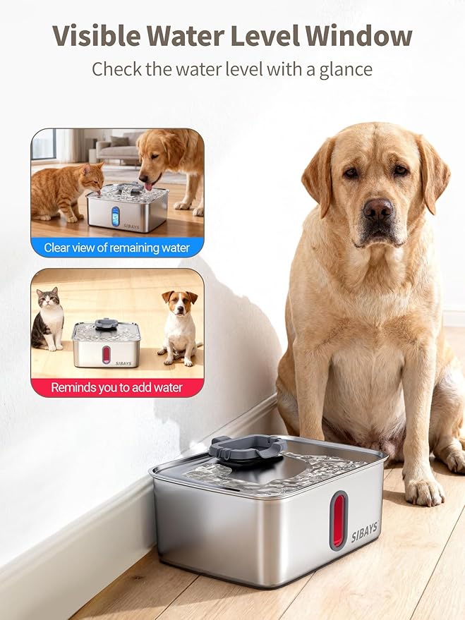 SIBAYS 4Gal/15L Dog Water Fountain for Large Dogs, Stainless Steel Large Pet Water Fountain, Ultra Quiet Automatic Dog Water Bowl Dispenser with Water Level Window and LED Light(FS78, Silver-Grey)
