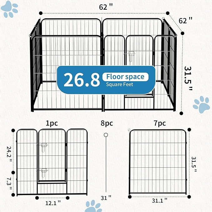 NEWBULIG Dog Playpen 8 Panels 32" Height Foldable Heavy Duty Metal Dog Exercise Playpen Puppy Fence for Indoor Outdoor Yard