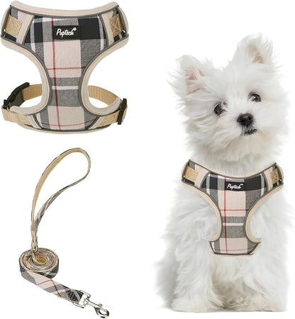 PUPTECK Small Dog Harness and Leash Set, No Pull Adjustable Puppy Cat Harness, Reflective Soft Mesh Pet Vest Small Sized, Beige, S