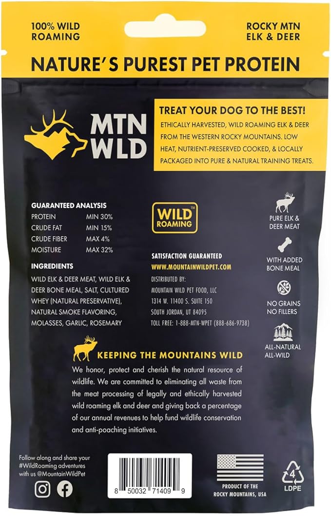 MOUNTAIN WILD Training Treats for Dogs & Puppies – Elk & Venison Protein Puppy & Dog Treat – High Value, All-Natural, No Fillers, Grain-Free, No Artificial Preservatives – 4oz, 1 Bag