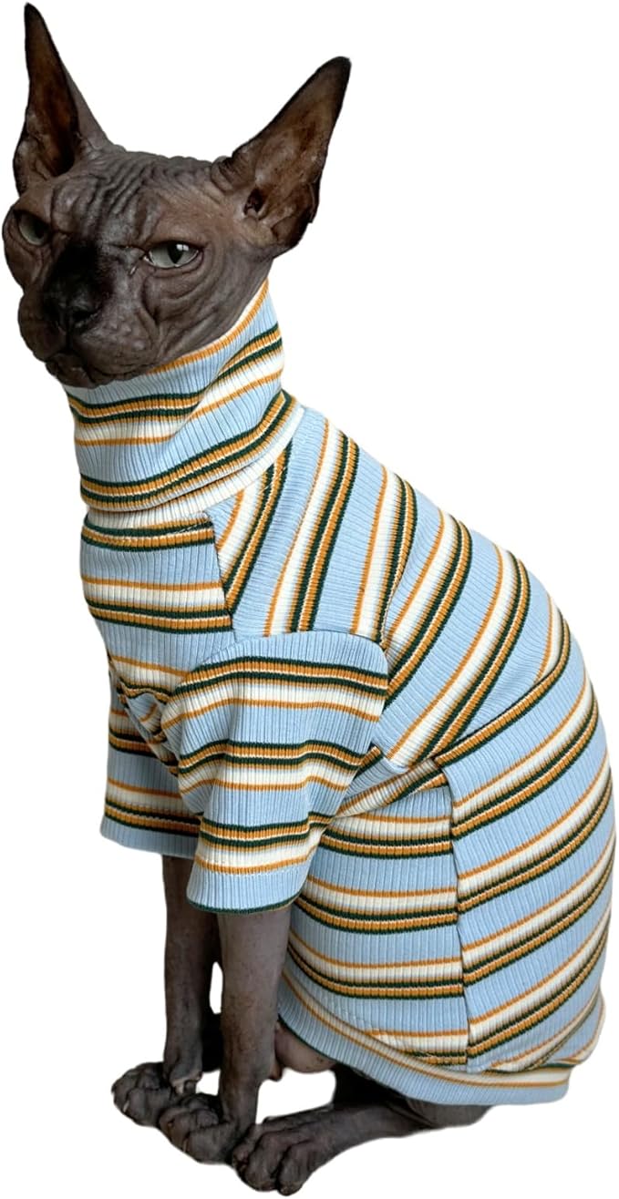 Turtle Neck Vintage Stripes Sphynx Hairless Cat Cotton T-Shirts Pet Clothes Vest Kitten Shirts Sleeveless, Cats & Small Dogs Apparel (Light Blue, XL (9-12.5 lbs))