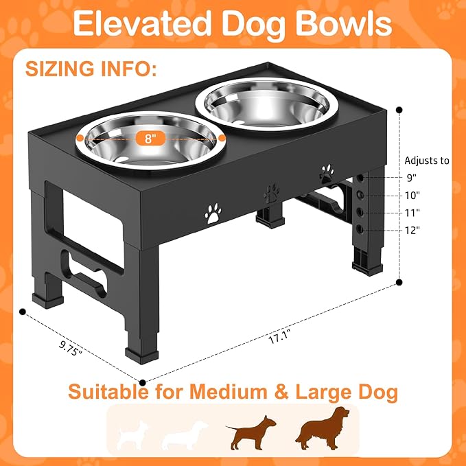 LAKIPETN Elevated Dog Bowls with 2 Stainless Steel Bowls, Raised Dog Food Bowl Stand 5 Height Adjustable (3.1", 9", 10", 11", 12") Non-Slip Feeder Station Set for Medium and Large Dogs - Black