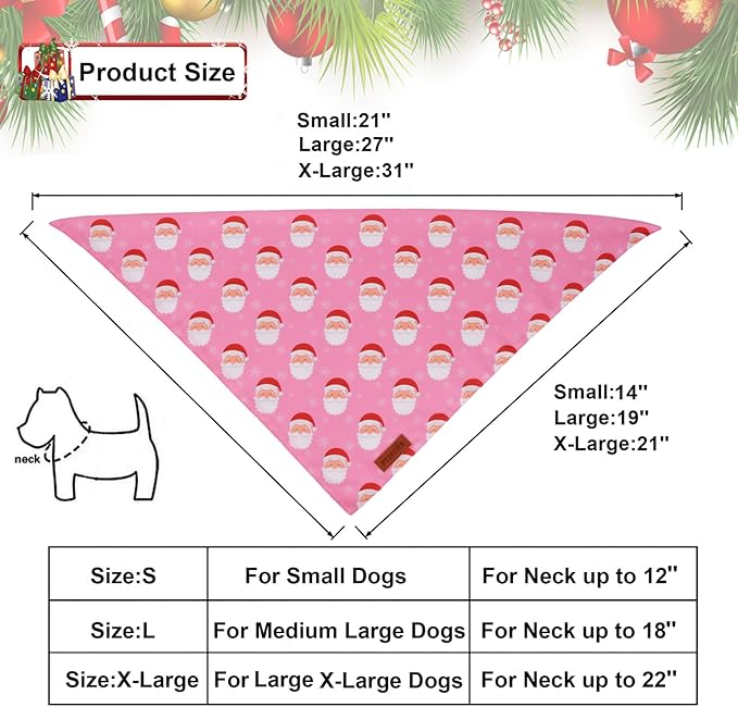 PTDECOR Christmas Dog Bandana, Santa Snowman Design Reversible Holiday Pet Scarf, Pink Triangle Fit Female Christmas Bandanas for Extra Large Dogs (X-Large)