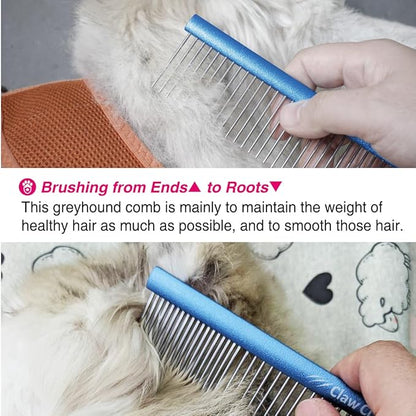 Claw Claws Greyhound Oval Grooming Comb – Aluminum handle, Stainless Steel Teeth Comb for Long-Haired Dogs & Cats, Removes Mats, Tangles, and Loose Fur – Lightweight for Deshedding (Silver/Blue, 9.8")