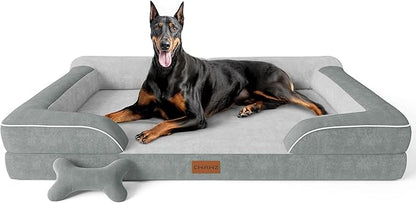 CWAWZ XXL Dog Bed for Extra Large Dogs, Giant Orthopedic Dog Bed with Cooling Gel Memory Foam, Waterproof Pet Bed with Removable Washable Cover, 53" Pet Sofa bed Dutch Velvet with Bone Toy, Light Gray