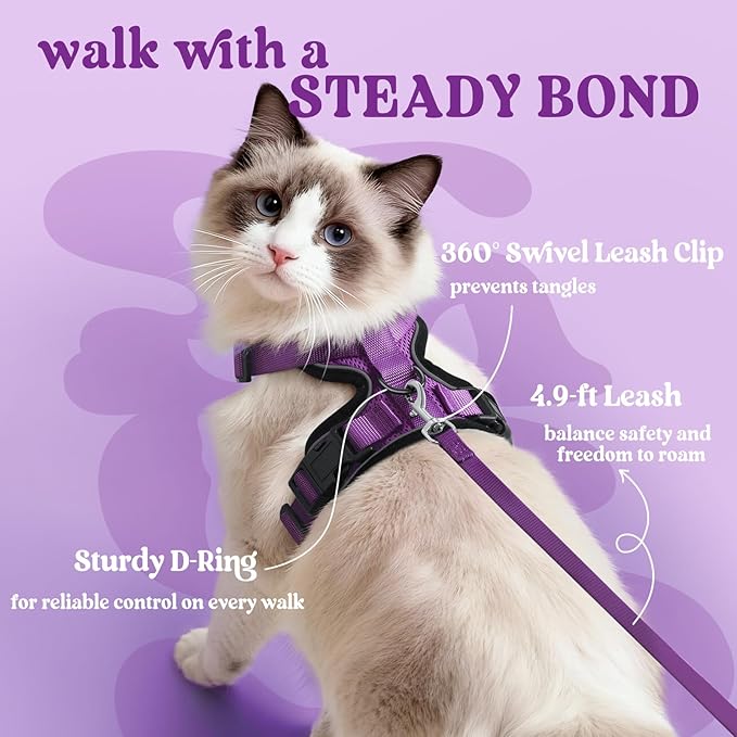 rabbitgoo Cat Harness and Leash for Walking, Escape Proof Soft Adjustable Vest Harnesses for Cats, Easy Control Breathable Reflective Strips Jacket, Purple, S