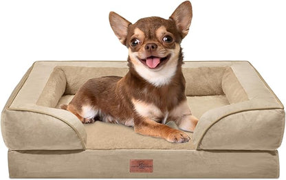 Comfort Expression Orthopedic Dog Bed for Small Dogs 24x16 Inch, Waterproof Supportive Egg Crate Foam Small Pet Bed with Removable Bolster, Dog Couch with Washable Cover & Non-Slip Bottom, Light Brown
