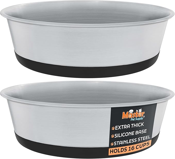 Master Pet Supply Stainless Steel Dog Bowls Set of 2 with Extra Thick Silicone Base - 16 Cup (128 oz) Black Velvet, Non-Slip, Dishwasher Safe Metal Bowls, Pet Dog Food Bowl for Dogs, Cats, Anti Rust
