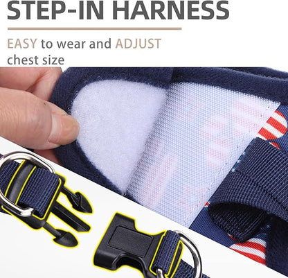 PUPTECK Dog Harness and Leash Set for Small Medium Dogs No Pull Step-in Soft Mesh Puppy Cat Vest Harnesses Reflective at Night, Stars and Strips, Blue, M