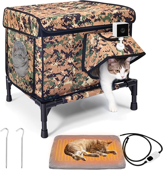 Elevated Heated Outdoor Cat House - 100% Weatherproof Insulated Outdoor Cat Shelter with Safe Escape Door & Removable Heating Pad, Warm Heated Cat House for Outside Stray/Feral/Barn Cat