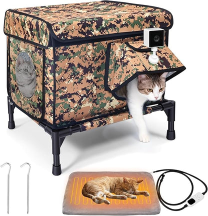 Elevated Heated Outdoor Cat House - 100% Weatherproof Insulated Outdoor Cat Shelter with Safe Escape Door & Removable Heating Pad, Warm Heated Cat House for Outside Stray/Feral/Barn Cat