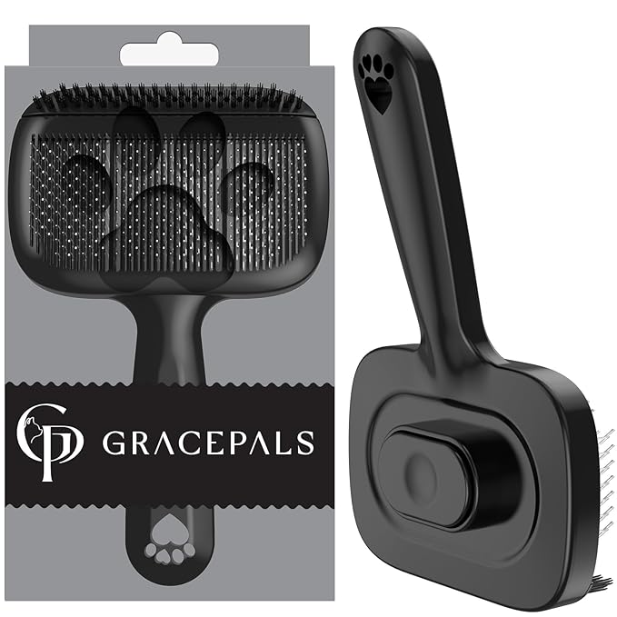 GracePals Self Cleaning Dog Brush for Shedding - Bristle Brush and Long/Short Needles Design, Skin Friendly, Slicker Deshedding Dog Brush, Hair Removal for Long & Short Haired Pets (Black)