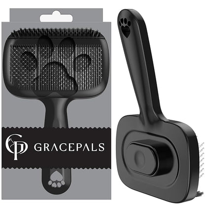 GracePals Self Cleaning Dog Brush for Shedding - Bristle Brush and Long/Short Needles Design, Skin Friendly, Slicker Deshedding Dog Brush, Hair Removal for Long & Short Haired Pets (Black)