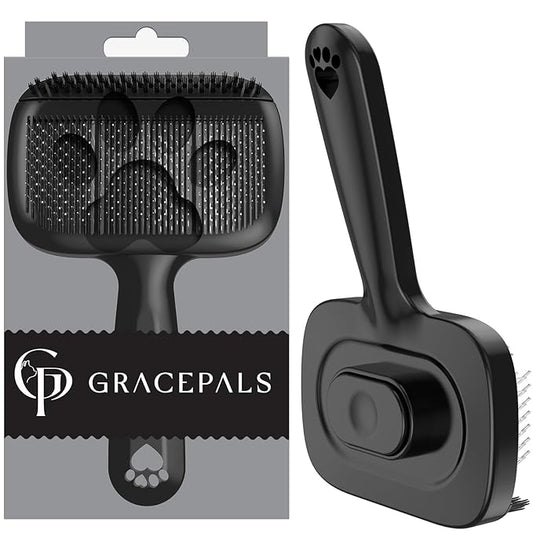 GracePals Self Cleaning Dog Brush for Shedding - Bristle Brush and Long/Short Needles Design, Skin Friendly, Slicker Deshedding Dog Brush, Hair Removal for Long & Short Haired Pets (Black)