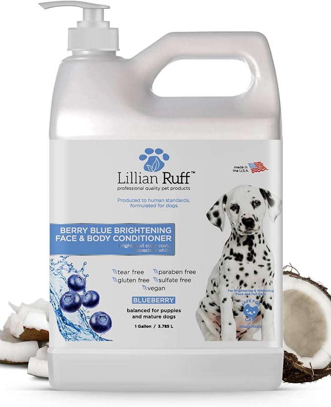 Lillian Ruff PRO Formula Berry Blue Brightening Dog Conditioner - Professional Whitening Conditioner, Hydrate Dry Skin, Soften, Detangle, Restore Shine - Provitamin B5, USA Made 128oz+Pump