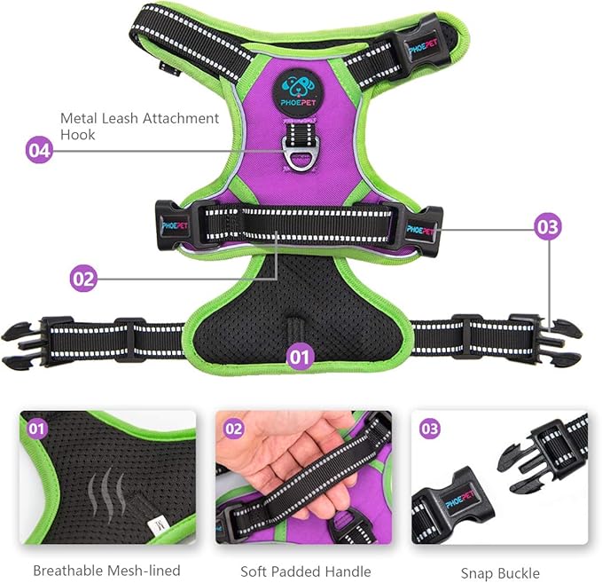 PHOEPET 2019 No Pull Dog Harnesses for Small Dogs Reflective Adjustable Front Clip Vest with Handle 2 Metal Rings 3 Buckles [Easy to Put on & Take Off](XS, Purple)