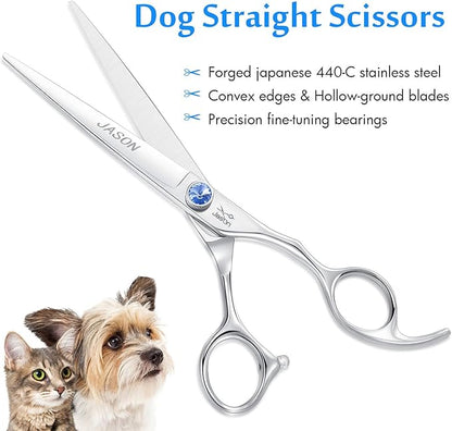 JASON 7" Straight Dog Grooming Scissors, Ergonomic Pets Grooming Shears, Premium Cats Trimming Kit with Offset Handle and Jewelled Screw, Sharp, Comfortable Christmas Gift