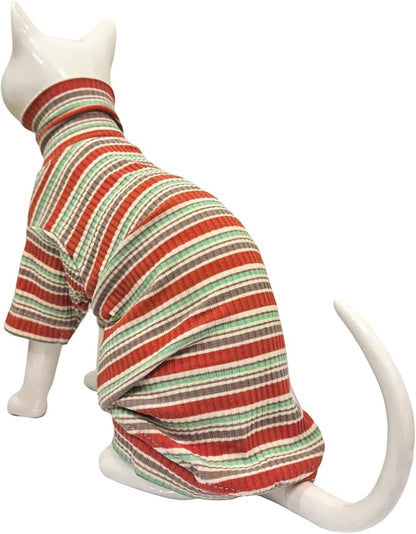 Turtle Neck Vintage Stripes Sphynx Hairless Cat Cotton T-Shirts Pet Clothes Vest Kitten Shirts Sleeveless, Cats & Small Dogs Apparel (Autumn, L (7-8.8 lbs))