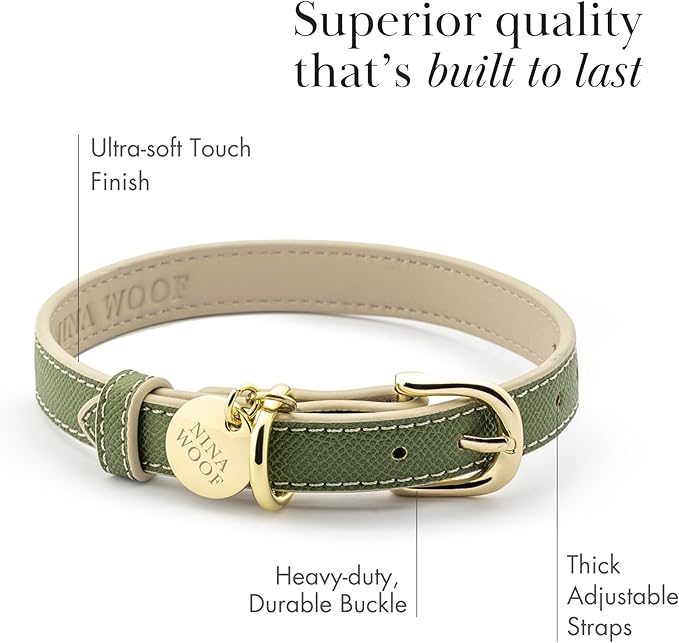 NINA WOOF Copenhagen Leather Dog Collar - Handmade with Vegan Soft Leather Round Padded Collar with Adjustable Buckle for Dogs - Color Olive, Extra Small