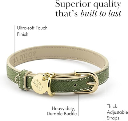 NINA WOOF Copenhagen Leather Dog Collar - Handmade with Vegan Soft Leather Round Padded Collar with Adjustable Buckle for Dogs - Color Olive, Extra Small