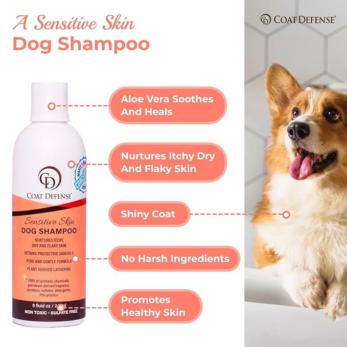 COAT DEFENSE Sensitive Skin Dog Shampoo | Hypoallergenic Dog Shampoo for Allergies, Itching & Odor | Gentle Shampoo for Dogs for Dogs | 8 oz Concentrate to 32 oz