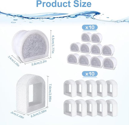 20 Pcs Cat Water Fountain Filters Replacment Compatible with PetSafe Drinkwell Fountains, 10 Replacement Carbon Filters & 10 Replacement Sponges Foam Filter Compatible with PetSafe Water Fountain