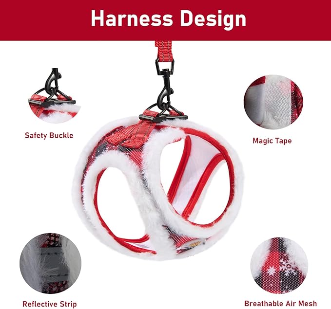 Hipubby Christmas Dog Harness and Leash Set, No Pull Soft Mesh Puppy Harness for Small Medium Dogs, Cats - Step in Reflective Vest Harness for Walking, Training - Plush Red, M