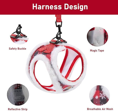 Hipubby Christmas Dog Harness and Leash Set, No Pull Soft Mesh Puppy Harness for Small Medium Dogs, Cats - Step in Reflective Vest Harness for Walking, Training - Plush Red, S