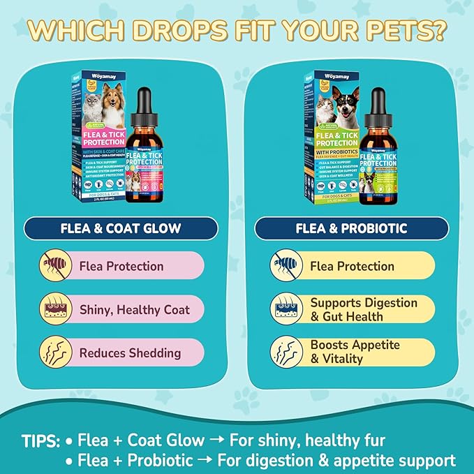 Woyamay Flea Defense + Skin & Coat Support, Natural Flea and Tick Prevention for Dogs & Cats, Dog & Cat Flea Treatment with Pumpkin Seed & Omega-3/6/9, Flea Drops for All Breeds & Ages, Chicken Flavor