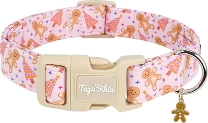 Christmas Dog Collar for Small Dogs, Adjustable Pink Small Dog Collars with Christmas Gingerbread Man Cartoon Pattern, Winter Holiday Pet Gift for Girl Boy Dogs-S