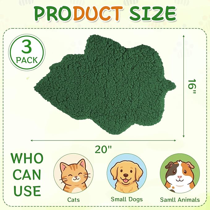 BrightRow 3 Pack Self Warming Pet Bed Leaf Shape Self Heating Cat Dog Mat Washable Thermal Sleeping Pad for Indoor Outdoor Hedgehog, Bunny, Sugar Glider, Rat, Chinchilla(Dark Green,Small-16 x20)