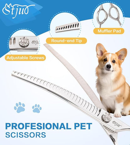 Stjuo Professional Dog Grooming Scissors, Japanese 440C Stainless Steel, 62 HRC Hardness (Curved Chunker, 7.5'')