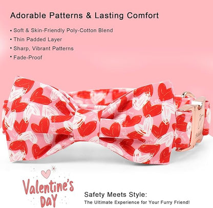 Valentines Dog Collar with Bow Tie - Cute Valentine Doodle Hearts Pink Girl Bowtie Dog Collar, Adjustable Metal Buckle Dog Collars for Small Medium Large Dogs L